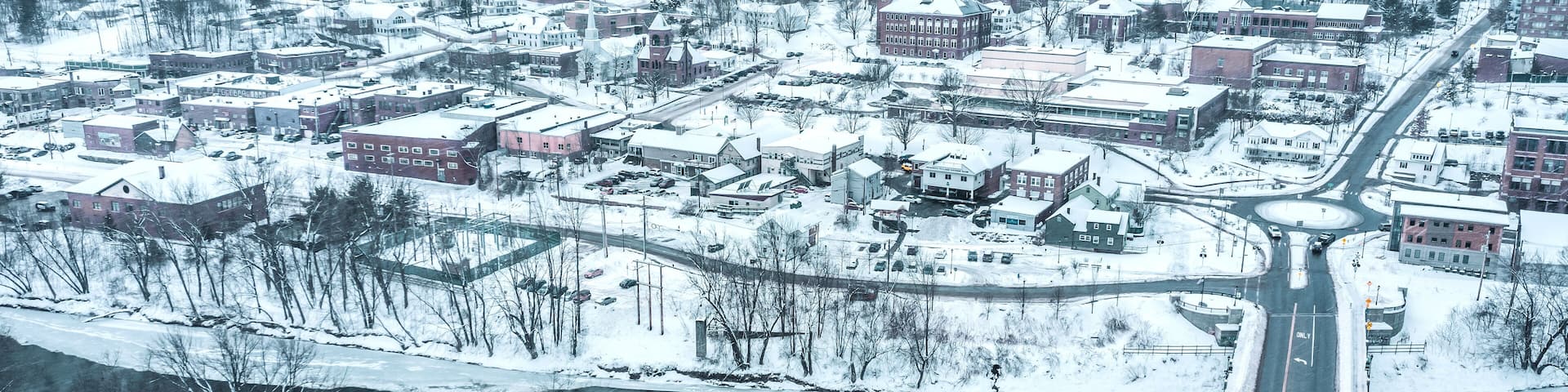 Aerial view of Plymouth State College, New Hampshire in winter