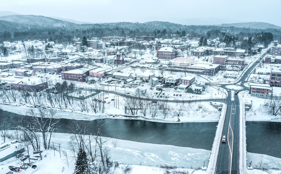 Aerial view of Plymouth State College, New Hampshire in winter