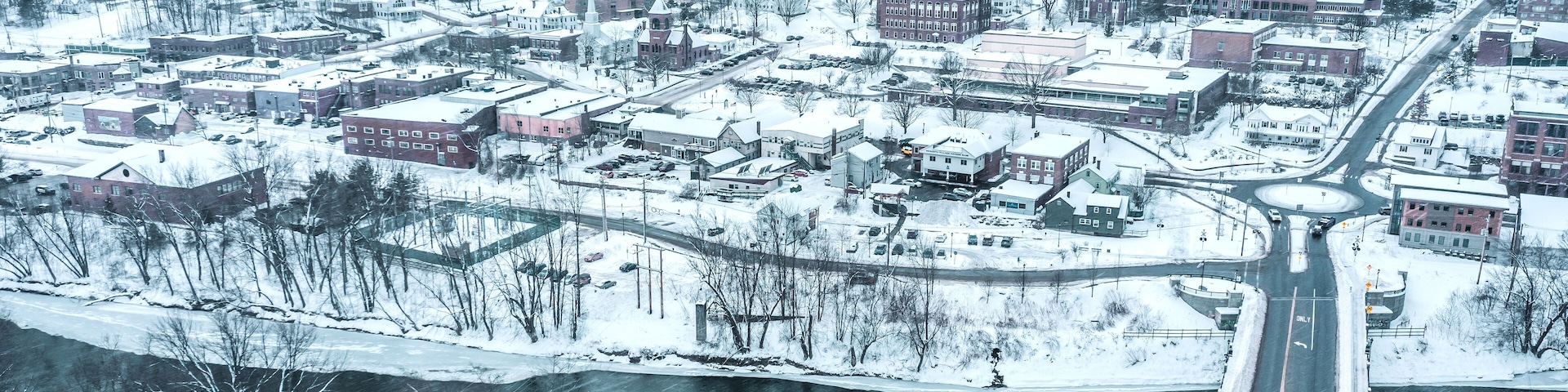 Aerial view of Plymouth State College, New Hampshire in winter