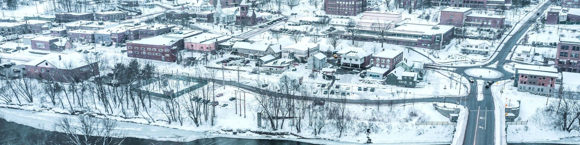 Aerial view of Plymouth State College, New Hampshire in winter