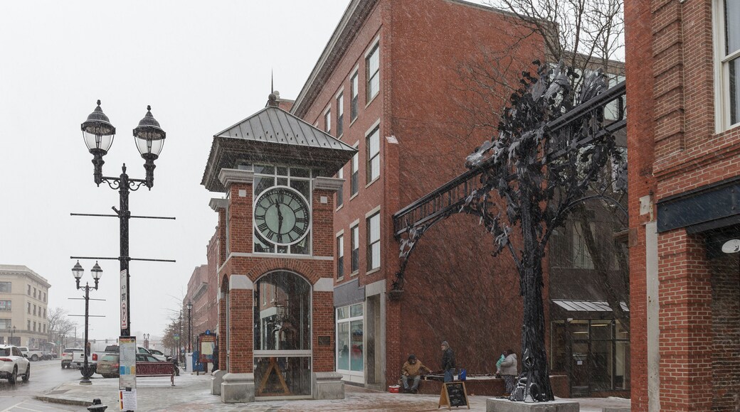 CONCORD, NH, USA - FEBRUARY 18, 2020: Clock on Main street. Street view of city in New Hampshire NH, USA.