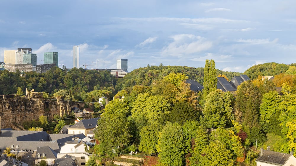 Luxembourg stadt, Luxembourg - Ocotber 1, 2022: Cityscape of Grund arrea with European destrict Kirchberg in background in Luxembourg city in Luxembourg