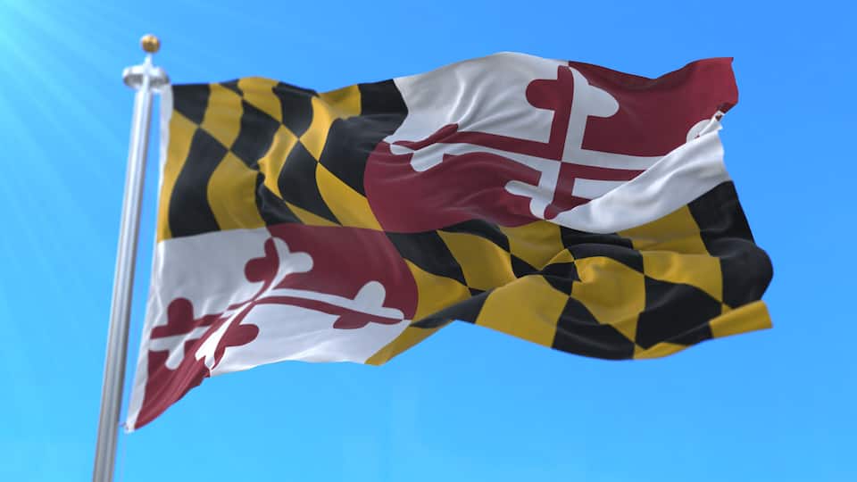 A flag with a black and yellow checkered pattern and a red cross, flying on a flagpole against a clear blue sky.