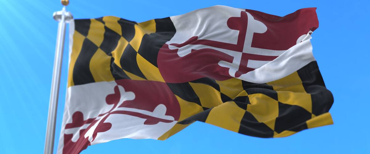 A flag with a black and yellow checkered pattern and a red cross, flying on a flagpole against a clear blue sky.