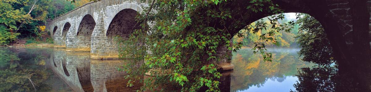USA, Maryland, Hagerstown. Historic Wilson Bridge, near Hagerstown, Maryland, is one of two remaining bridges on the National Pike