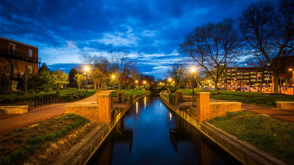 Carroll Creek at night, at Carroll Creek Linear Park, in Frederi