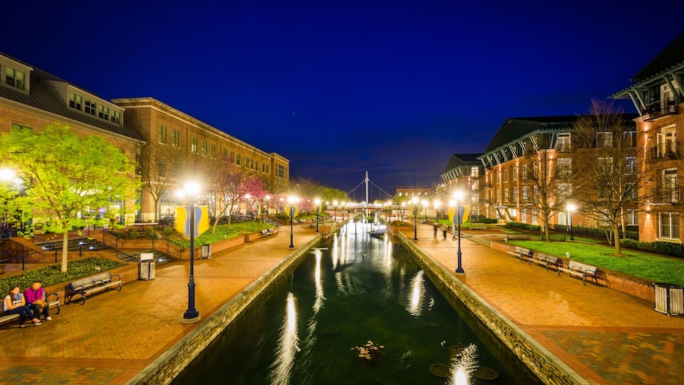 View of Carroll Creek at night, in Frederick, Maryland.
