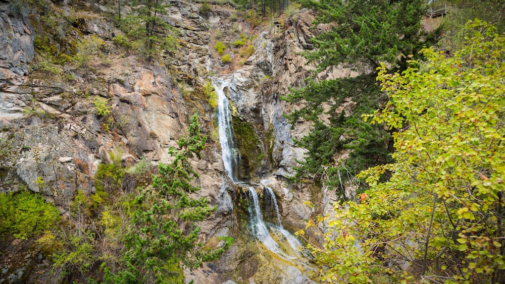 Ein Wasserfall stürzt über eine felsige Klippe, umgeben von dichtem Wald.