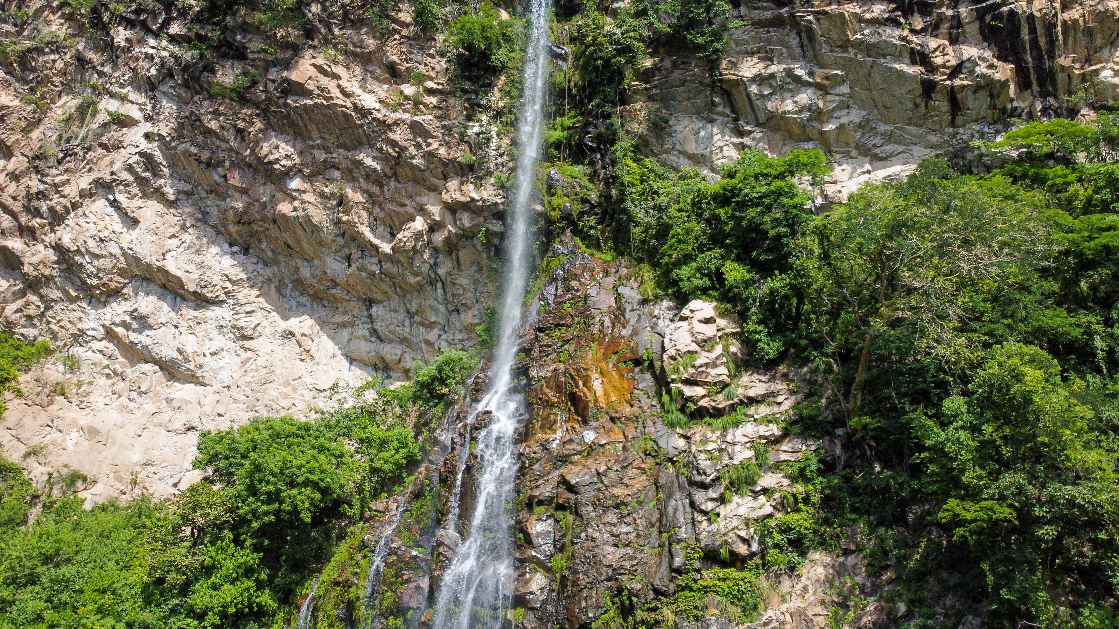 A waterfall cascading down a rocky cliff surrounded by lush greenery.