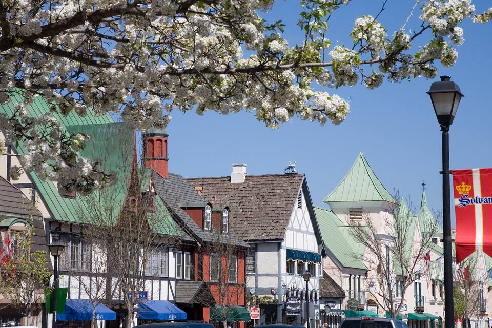 A street lined with traditional European-style buildings, some with green roofs, and a flag of Solvang.