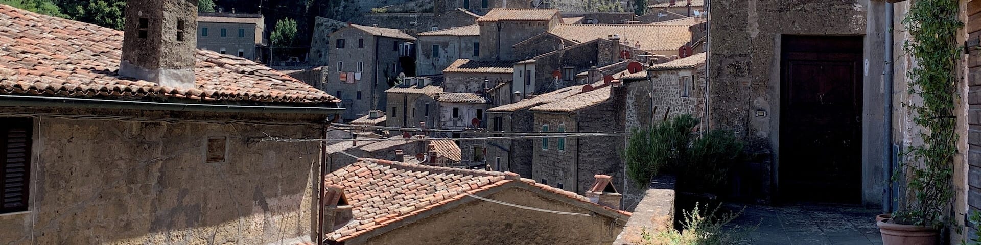 Sorano small village in Maremma region in Tuscany. Built on top of a hill made of tuff. View of the ancient fortress.