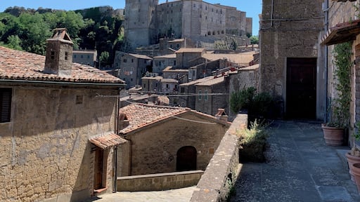 Sorano small village in Maremma region in Tuscany. Built on top of a hill made of tuff. View of the ancient fortress.