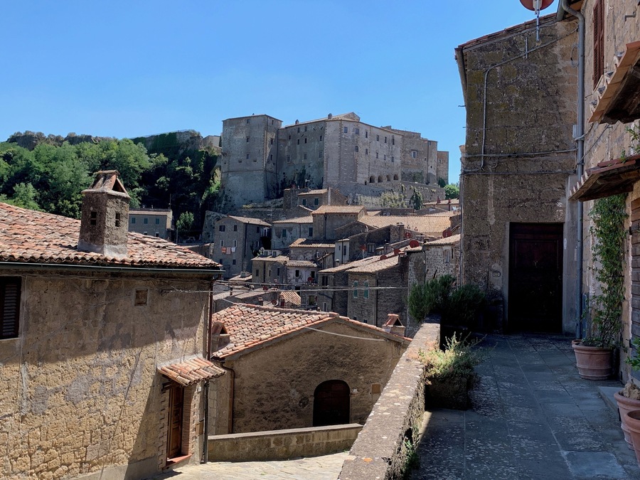 Sorano small village in Maremma region in Tuscany. Built on top of a hill made of tuff. View of the ancient fortress.