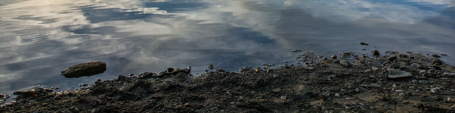 A calm lake with the sun reflecting on the water, surrounded by trees and a clear sky.