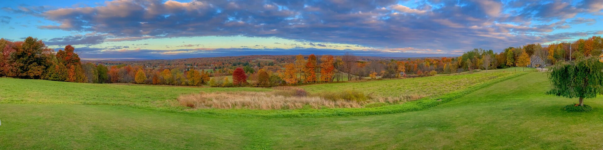 Panoramic shot of a field covered in greenery under a cloudy sky in autumn in Pennsylvania