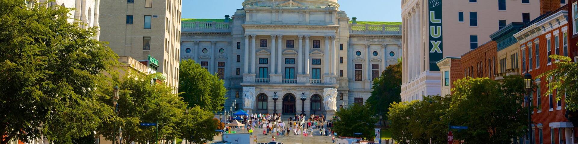 Central Pennsylvania which includes a square or plaza and heritage architecture