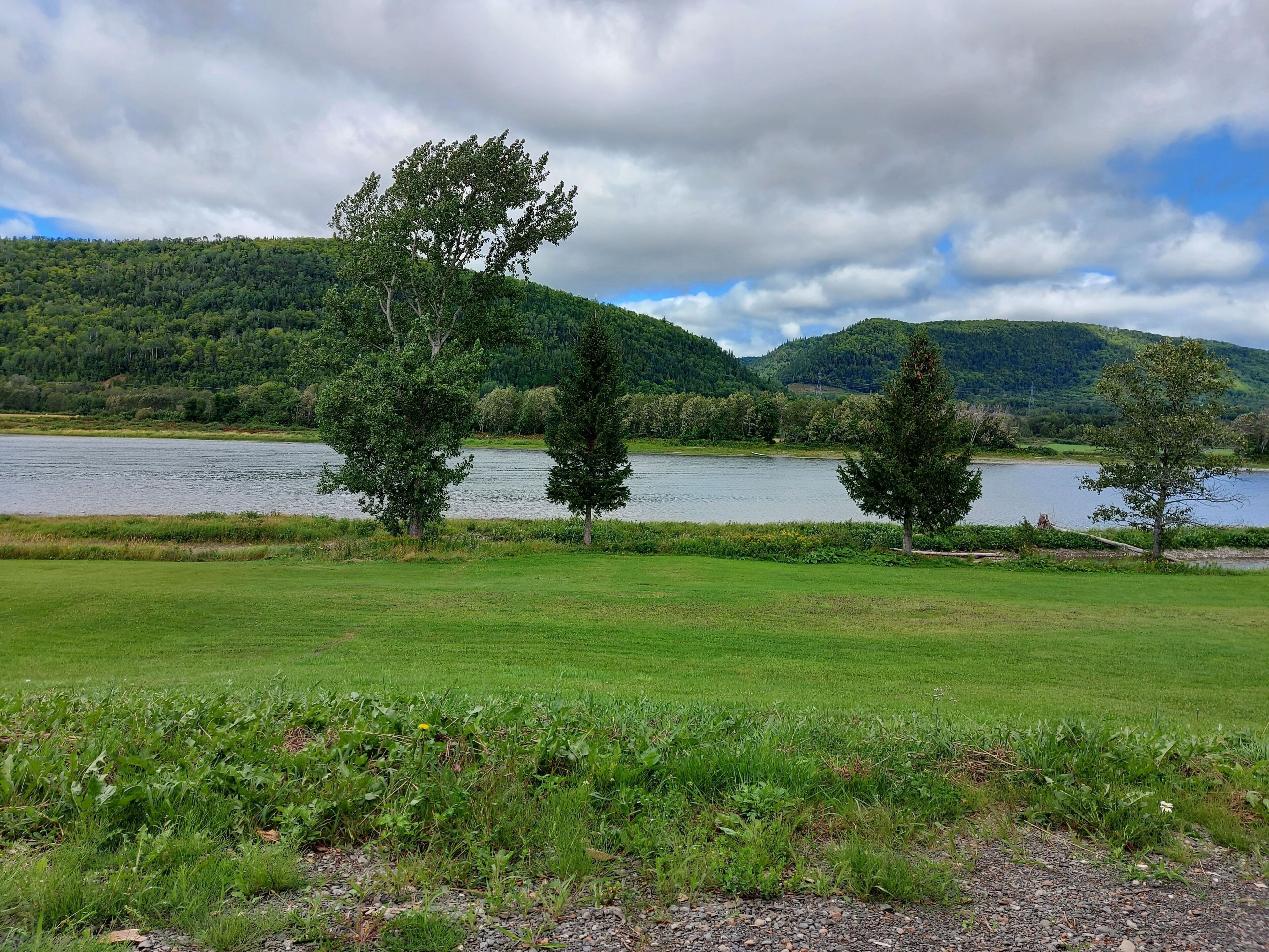 Un lago rodeado de abundante vegetación y colinas.