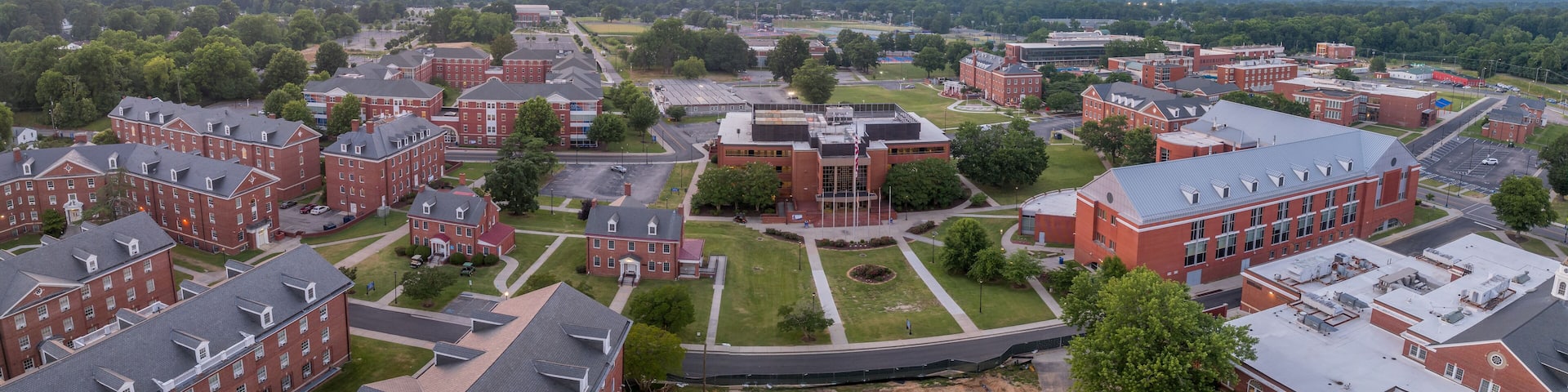 Aerial view of Virginia State University, historically black college with sunset sky in Petersburg Virginia