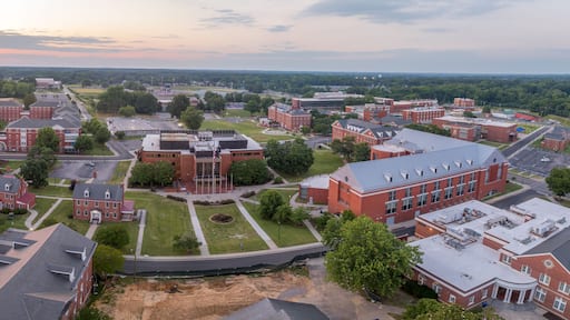 Aerial view of Virginia State University, historically black college with sunset sky in Petersburg Virginia