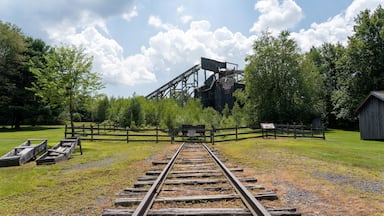 Vías de tren que conducen a una antigua estructura minera rodeada de árboles y una zona cercada.