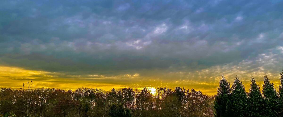 A cloudy sky with the sun peeking through, a forest in the foreground, and a sunset.
