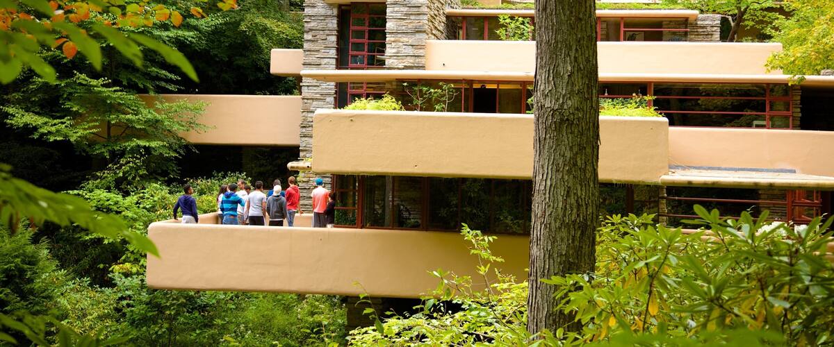 Fallingwater showing rainforest and modern architecture as well as a small group of people
