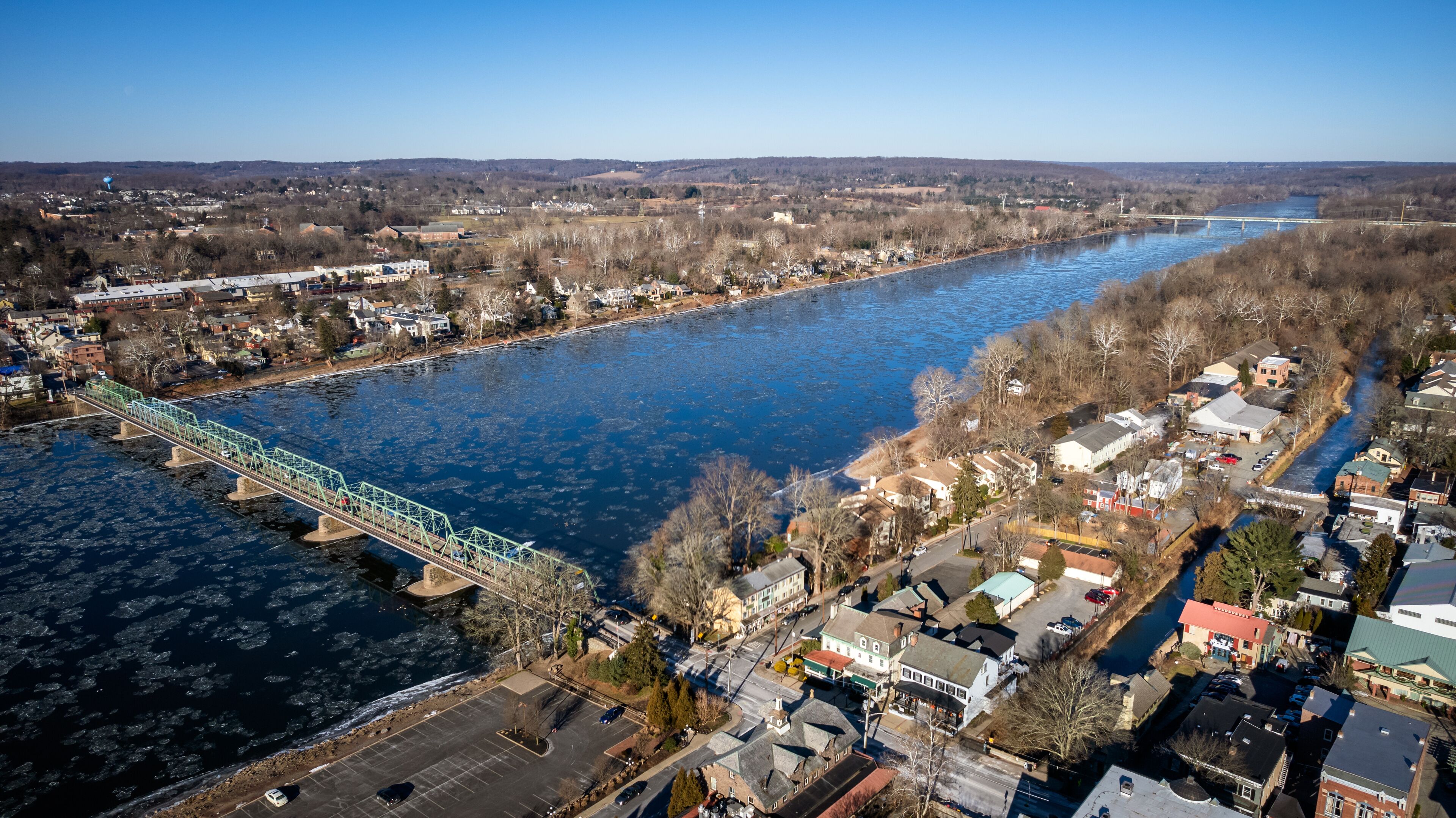 Aerial Drone of Lambertville New Hope in the Winter
