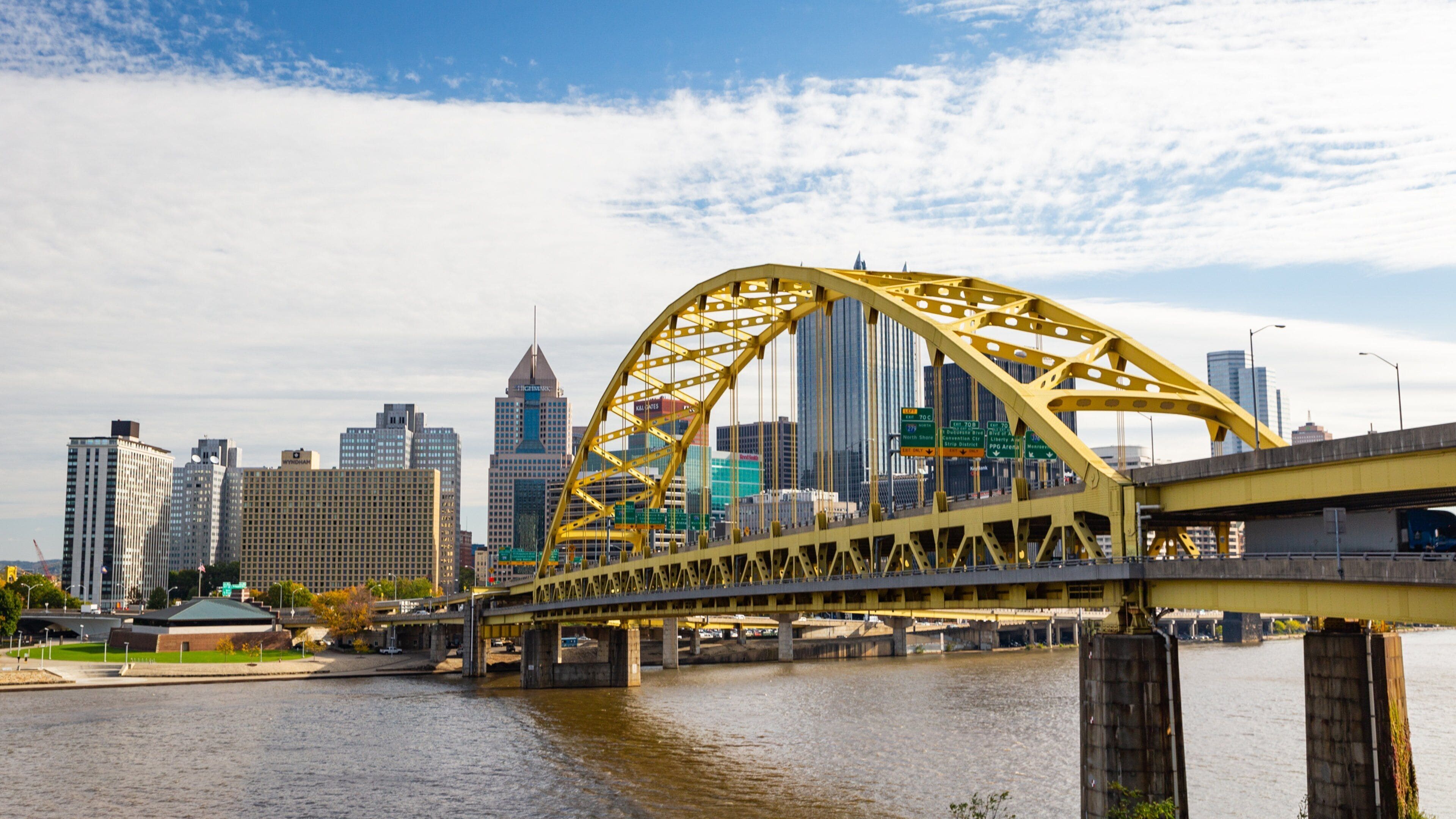Downtown Pittsburgh showing a bridge and a river or creek