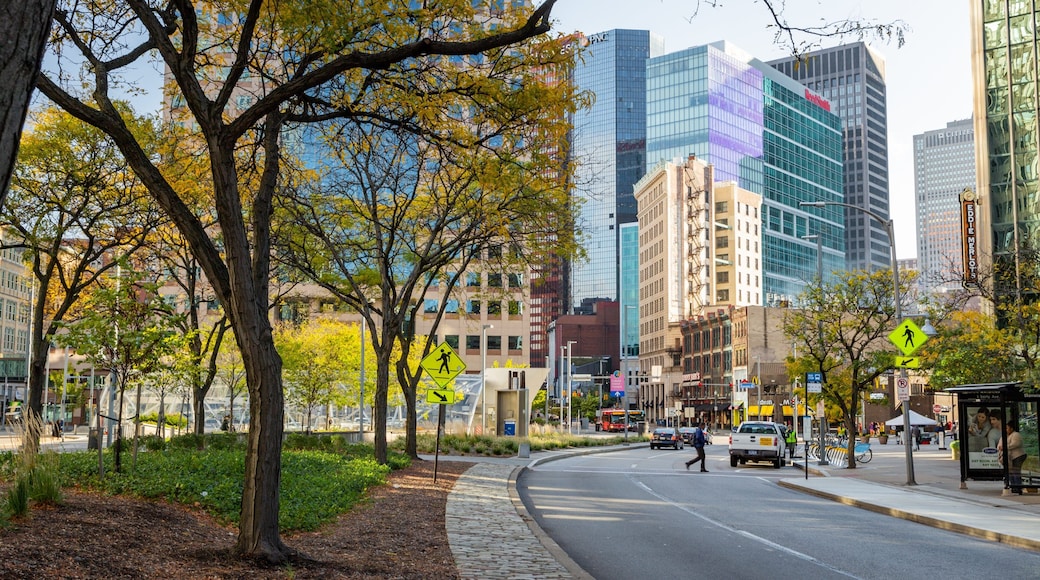 Downtown Pittsburgh which includes street scenes and a city