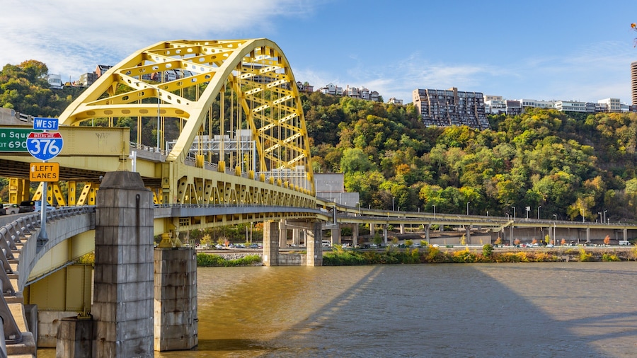 Downtown Pittsburgh which includes a bridge and a river or creek