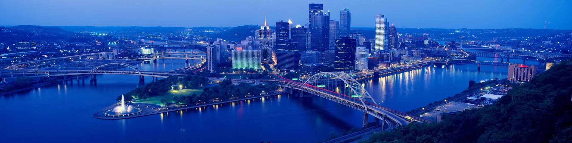 A city skyline with a river, bridges, and a park with a fountain.