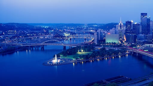 A city skyline with a river, bridges, and a park with a fountain.