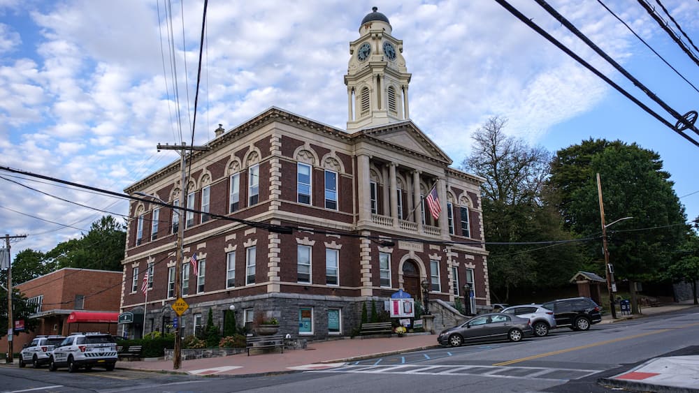 Town Hall of Irvington, NY exterior on a blue sky day