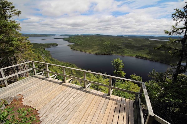 Une plateforme d’observation en bois surplombe un lac, qui est lui-même entouré d’une forêt dense et bordé de collines lointaines.