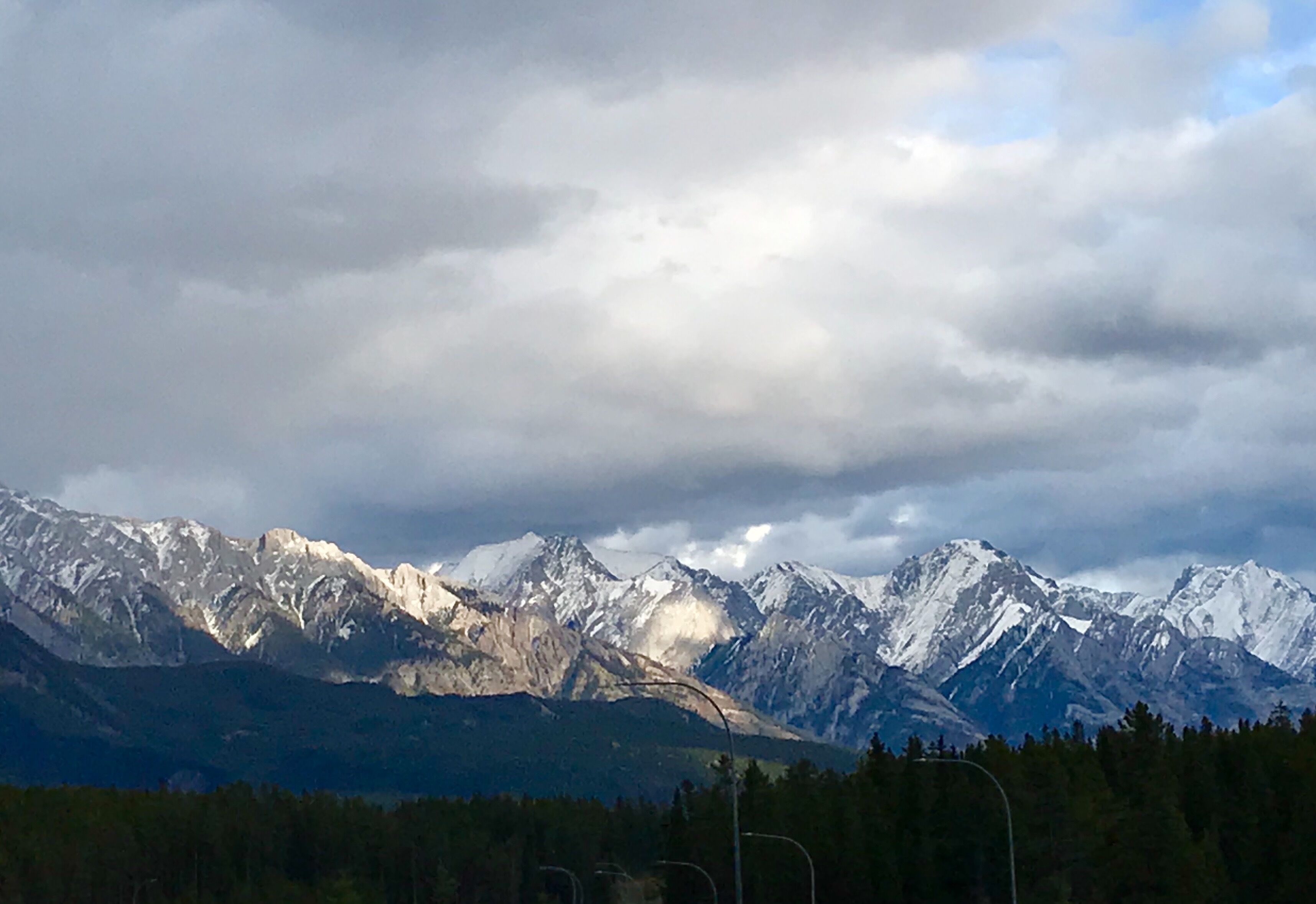 A mountain range with snow-capped peaks and a forested foreground.