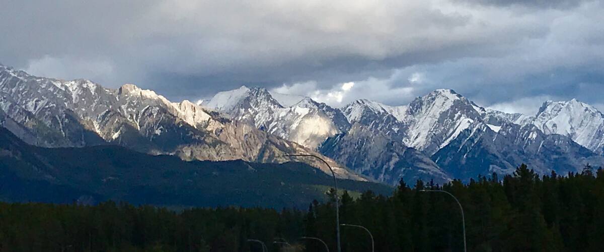 A mountain range with snow-capped peaks and a forested foreground.