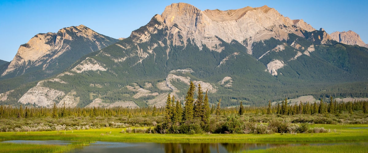 A mountain range with a clear sky, a calm lake, and a forested area.