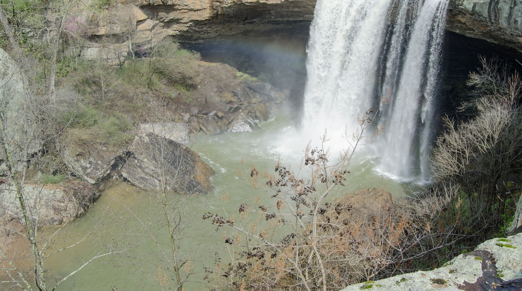 A rainbow can be seen as water cascades over Noccalula Falls after late winter rains in Gadsden, Alabama, USA