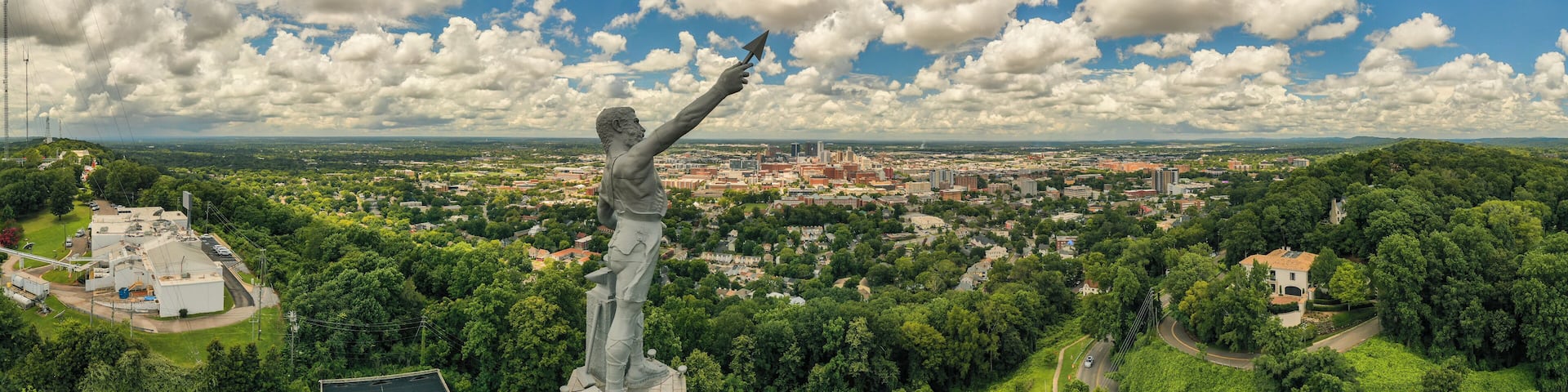 Aerial View of Vulcan Statue overlooking downtown Birmingham, AL