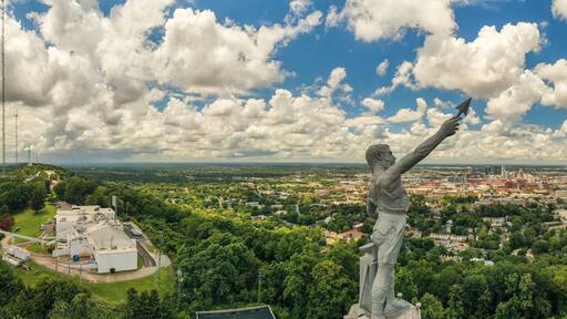 Aerial View of Vulcan Statue overlooking downtown Birmingham, AL