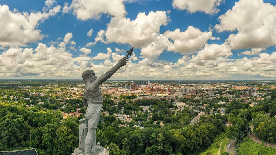 Aerial View of Vulcan Statue overlooking downtown Birmingham, AL