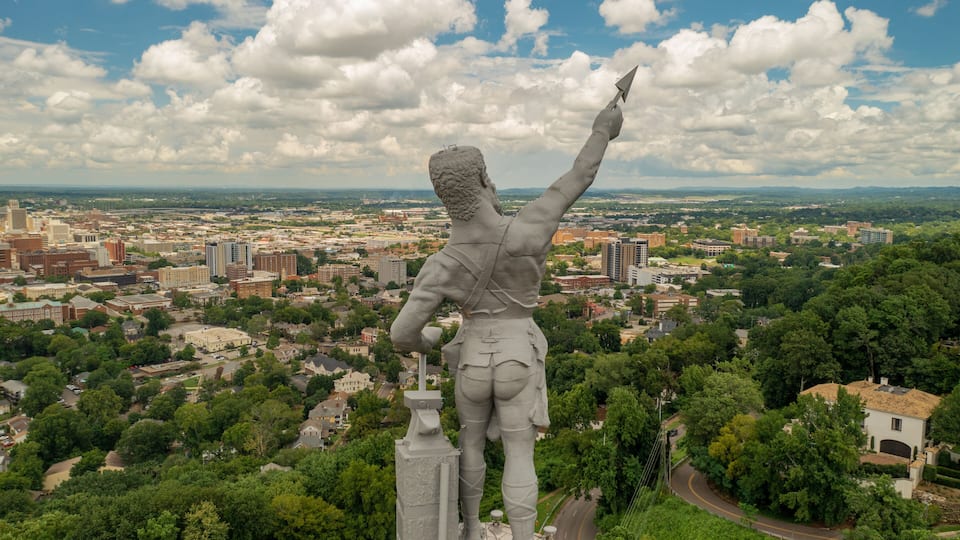 Aerial View of Vulcan Statue overlooking downtown Birmingham, AL