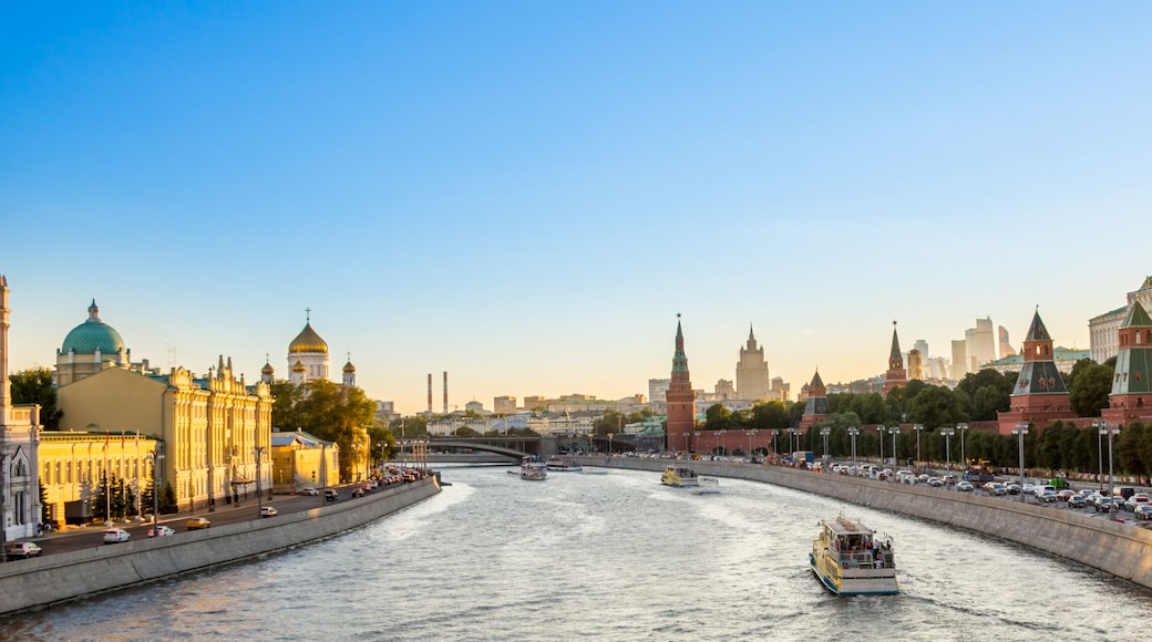 Panorama of the Moskva river with the Kremlin's towers at sunset, Moscow, Russia