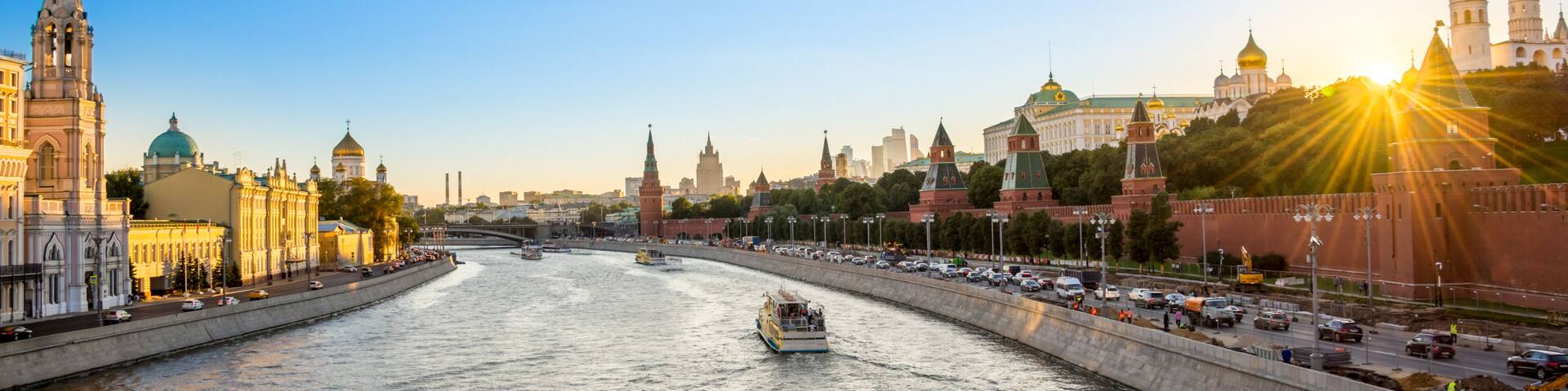 Panorama of the Moskva river with the Kremlin's towers at sunset, Moscow, Russia