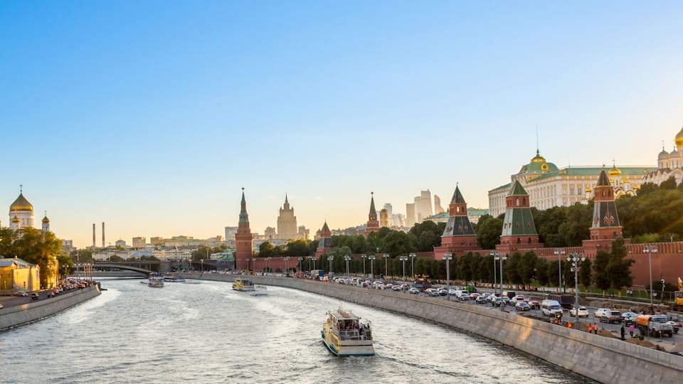 Panorama of the Moskva river with the Kremlin's towers at sunset, Moscow, Russia