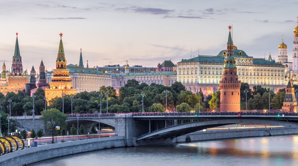Moscow Kremlin at dusk, Russia. Panoramic view of the famous Moscow center in summer evening. Ancient Kremlin is a top landmark of Moscow. Beautiful cityscape of the old Moscow city in twilight.