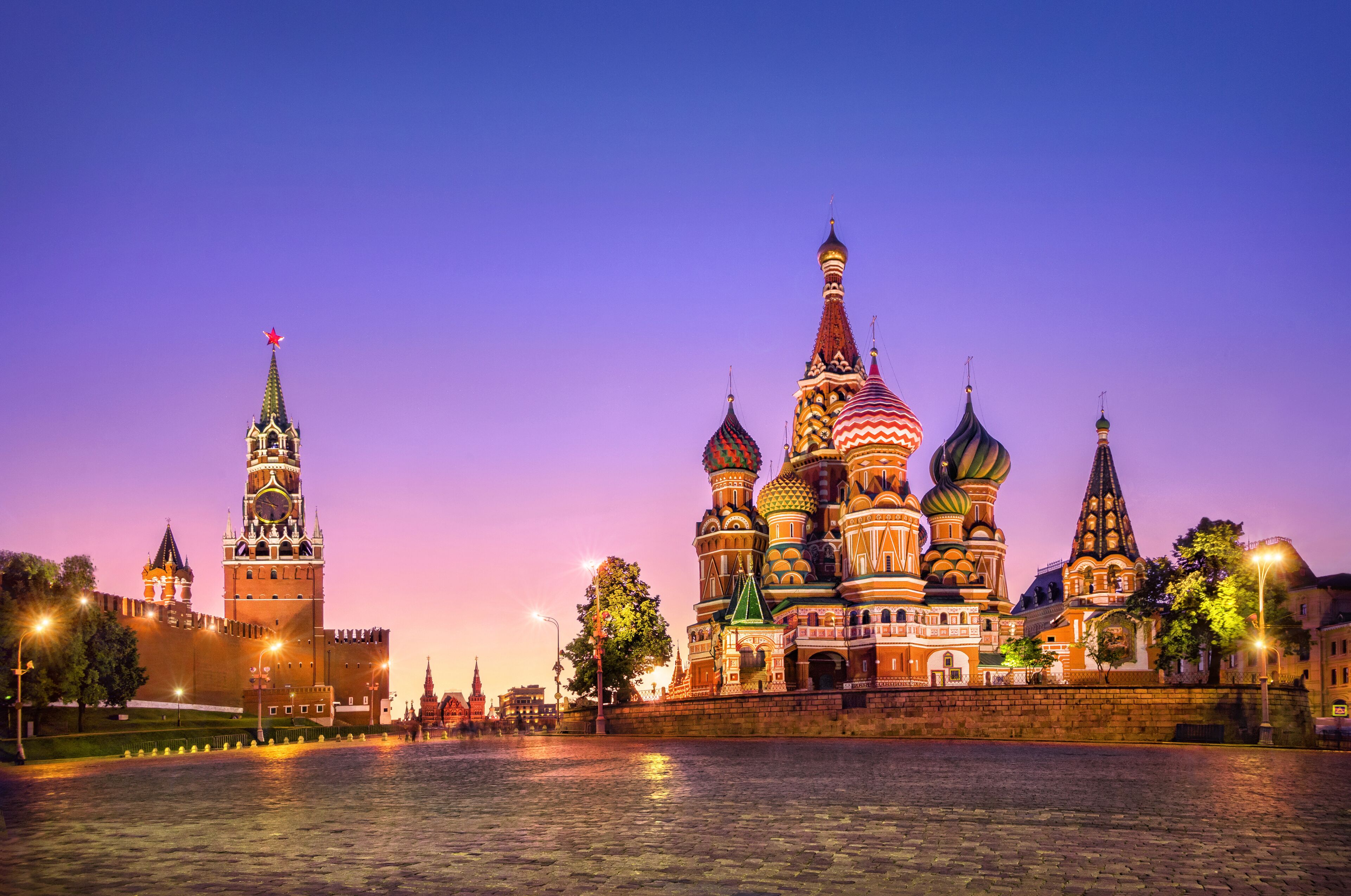 St. Basil's Cathedral and Spasskaya tower at sunset; Shutterstock ID 463227371