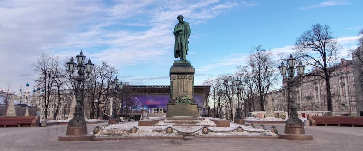 Monument to russian poet Alexander Pushkin on Pushkin Square timelapse , Moscow, Russia