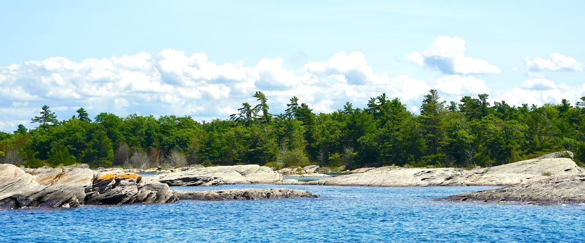 A rocky shoreline with clear blue water, surrounded by dense green forest under a partly cloudy sky.