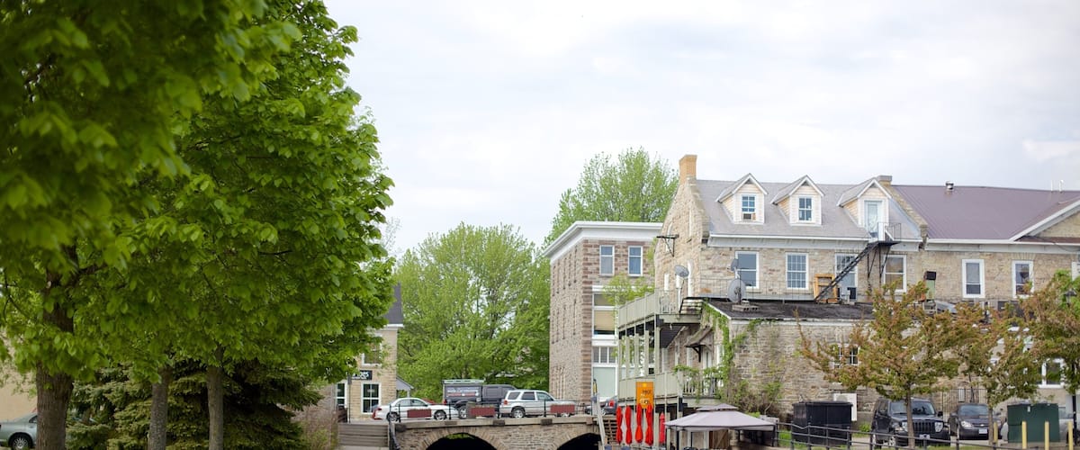 A canal with a stone bridge, a row of parked cars, and buildings with stone facades.